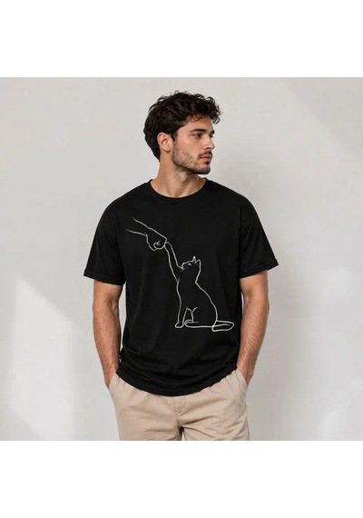 Efnaz Style Erkek Minimal Kedi Çizim Baskılı Tişört Kısa Kol Yazlık T-shirt - Siyah