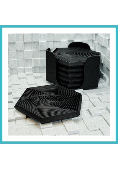 Bezos 3d Baskı Super Fidget Coaster Seti - Altıgen Desenli Bardak Altlığı Ve Tutucu-siyah Dfnbez