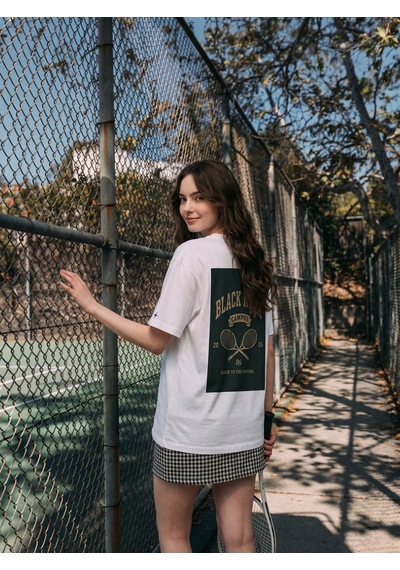 Black Nova Oversize Baskılı Unisex Tişört Campus Tennis Beyaz