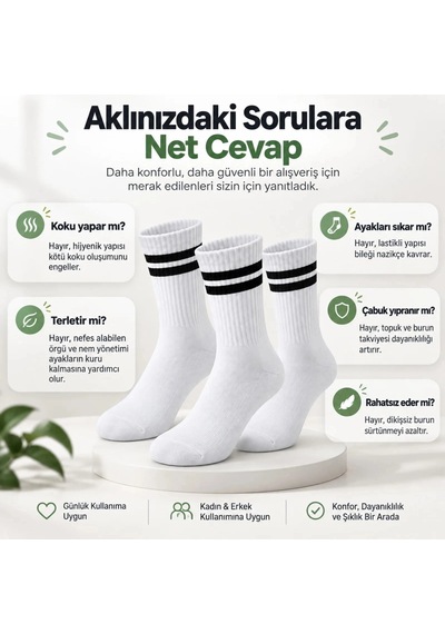Biçomi Kaymayan, Nefes Alan Çift Çizgili Kolej Stil Unisex Pamuklu Uzun Soket Çorap 12 Li Avantaj Paketi Beyaz
