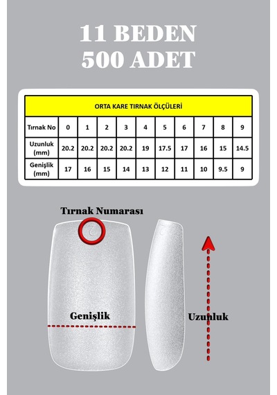500 Adet Yeni Nesil Jel Destekli Orta Kare Şekil Takma Tırnak Seti Orta Kare