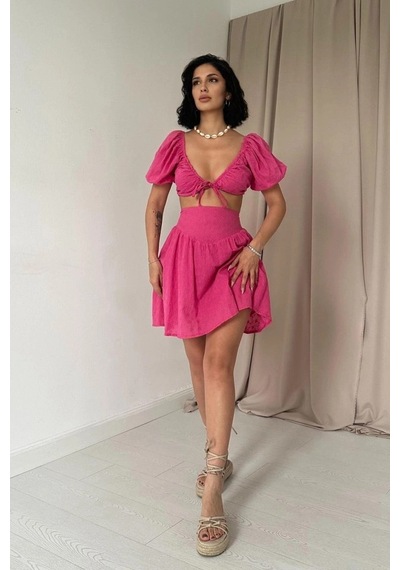 Valensdesign Fuşya Brode Crop Ve Mini Etek Takım