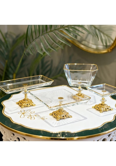 Elta Collection 4 Parça Gold Pasta Sunumluk Kurabiyelik Seti Altın