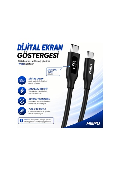 Hepu Hp-120 Type-c To Type-c Kablo 100w Süper Hızlı Şarj + Led Göstergeli 1.2 Metre 0.1 M