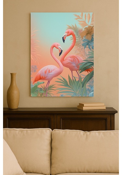 Tropikal Flamingo Desenli Çerçevesiz Cam Tablo Modern Salon Ve Ofis Dekorasyonu