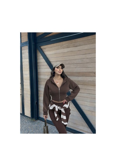 Evoa Kadın Kahve Oversize Kol Kapüşonlu Crop Hırka Kahverengi