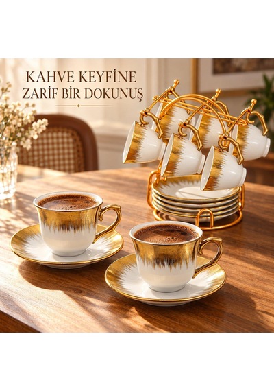 Valkyrie 6 Kişilik Gold Detaylı Porselen Türk Kahvesi Fincan Takımı Standlı 90 Ml 12 Parça