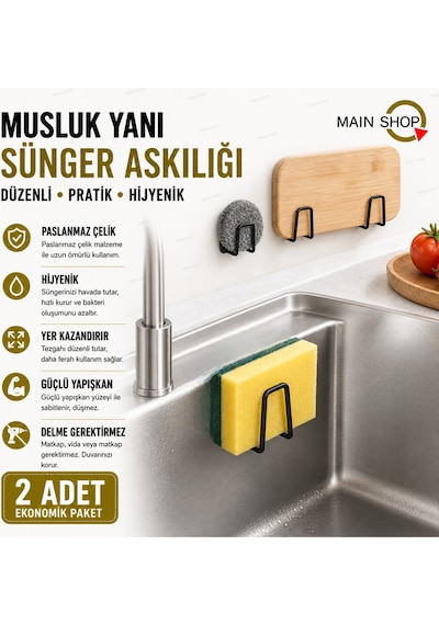 Mainshop 2 Adet Siyah Sünger Askılığı Evye Sünger'liği Banyo Mutfak Düzenleyici Musluk Yanı Sünger'lik M-sng1