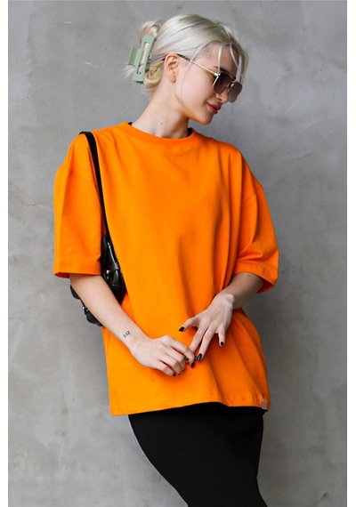 Madmext Turuncu Bisiklet Yaka Basic Oversize T-shirt Mg1687-turuncu Turuncu