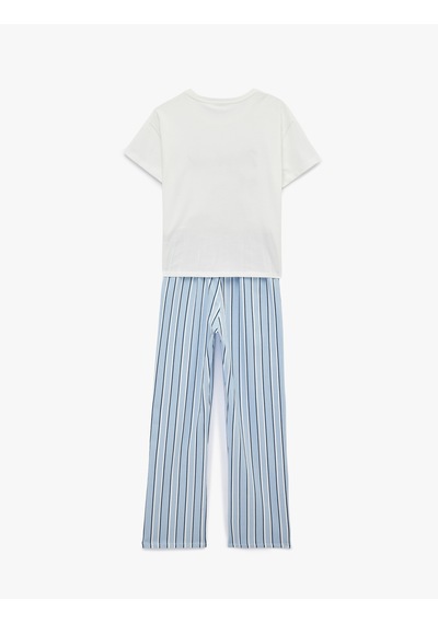 Koton Pamuklu Rahat Kesim Kısa Kollu Baskılı Pijama Seti Lacivert Çizgili 6slk40120mk
