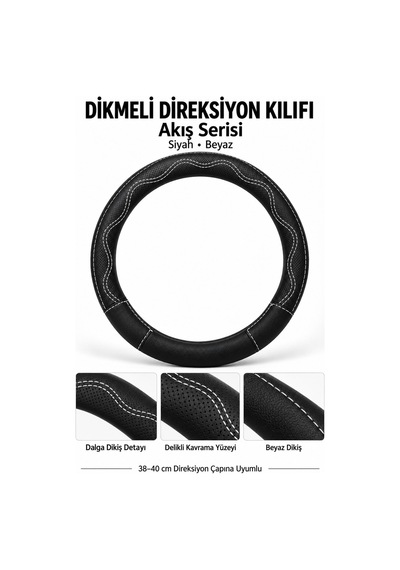 Trobus Ford Transit Connect 2002-2013 Uyumlu Dikmeli Direksiyon Kılıfı Akış Siyah Beyaz Siyah - Beyaz