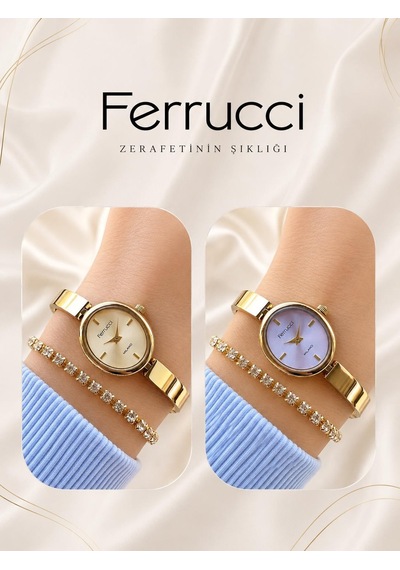 Ferrucci Küçük Vintage Kasa Çelik Kordon 3 Atm Kadın Kol Saati+bileklik Bfc.03759.1 Sarı