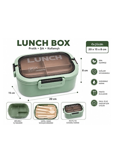 Bölmeli Lunch Box Sızdırmaz Kapaklı, Çatal Kaşık Bıçaklı Pratik Yemek Saklama Kabı Beslenme Kabı Yeşil