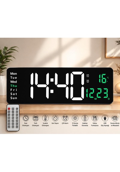 Kumandalı Led Dijital Duvar Saati Büyük Ekran 39 Cm / Geri Sayım Timer, Çift Alarm, Sıcaklık &amp Tarih Gösterg Diğer