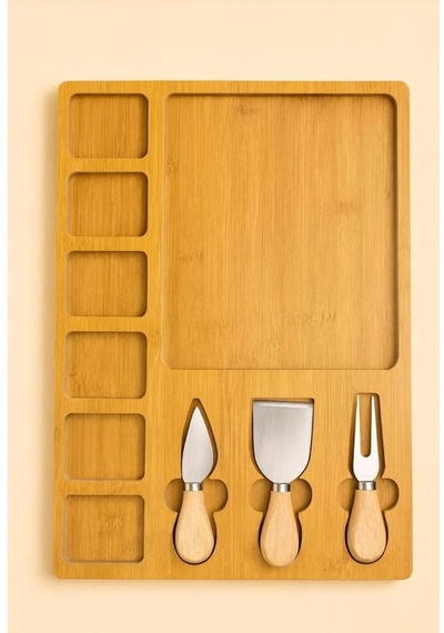 Bambu Peynir Sunum Ve Kahvaltı Tahtası 4 Lü Set 3 Bıçak + Bölmeli Servis Bambu