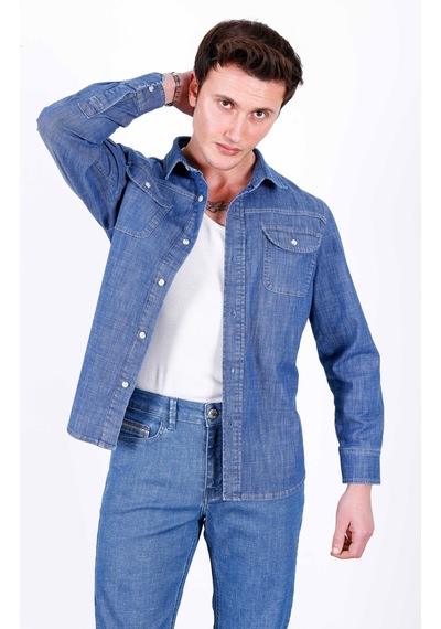 Erkek Açık Mavi Likralı Denim Regular Kalıp Düğmeli Kot Gömlek John-3020 Açik Mavi