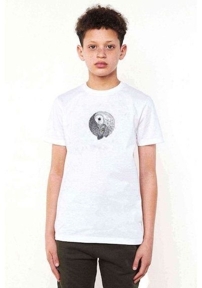 Tshirthane Baykuş Yin Yang Sanat Çizgili Baykuş Baskılı Unisex Çocuk Beyaz