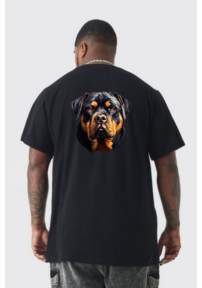 Angemiel Rottweiler Kafası Büyük Beden Siyah Tişört Kadın Erkek Ünisex Sırt Baskılı Siyah