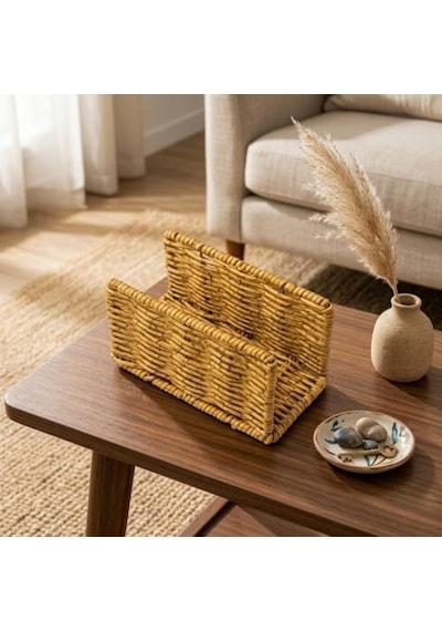 Hasır Örgü Peçetelik, Doğal Renk, Rattan, 14x5x8 Cm, Rustik Stil, Yemek Masası İçin -