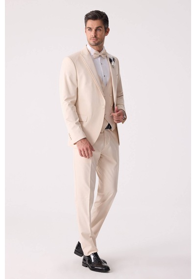 Ysf Erkek Slim Fit Sivri Yaka Yelekli Damatlık Bej