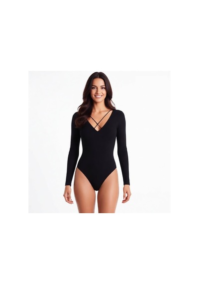 Bonbon Kadın Uzun Kollu Pamuk Kumaş Siyah Body Bb2166 Siyah