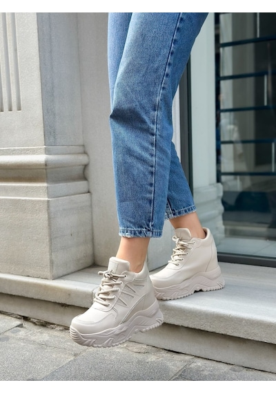 Erva'nın Butiği Bej Cilt Celly Gizli Topuk Dolgu Topuk 7 Cm Boy Uzatan Sneakers-6475