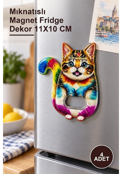 4 Adet Kedi Tasarımlı İstanbul Temalı Buzdolabı Süsü Mıknatıslı Magnet Fridge Dekor 11x10 Cm 1