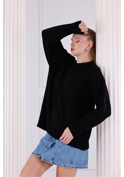 Qscob Bisiklet Yaka Oversize Basic Triko Kazak Siyah