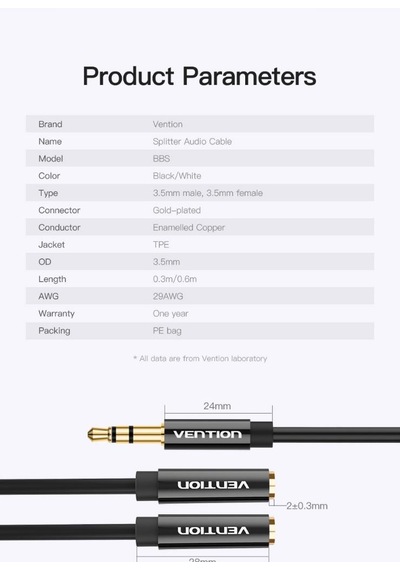 vention Stereo Aux Kulaklık Çoklayıcı 2'Li Ses Çoklayıcı