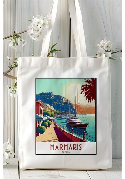 Art Hediye Marmaris Baskılı Bez Çanta Omuz Çantası Kişiye Özel Desen Çok Renkli