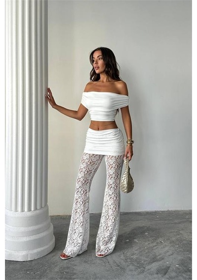 Neşeli Butik Kadın Transparan Dantel Detaylı Pantolon Crop Takım Nbdf160 Beyaz