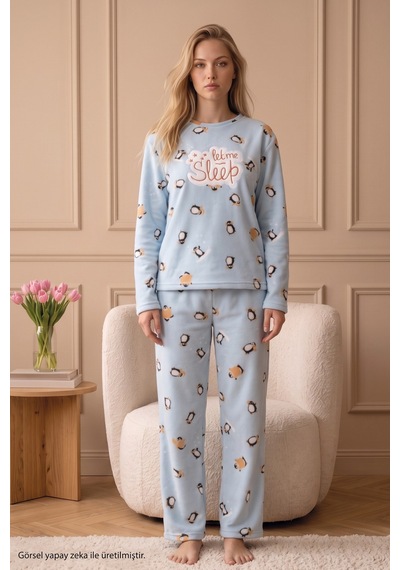 Siyah İnci Mavi Nakışlı Alt-üst Polar Kışlık Örme Pijama Takım 26222130