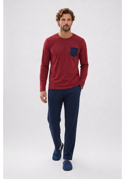 Tudors Erkek Standart Fit Rahat Kesim Uzun Kollu Pamuklu Bordo Lacivert Pijama Takımı-51176
