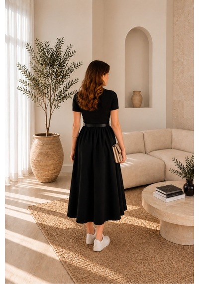 Unika Boutique Kendinden Kemerli Alt Poplin Kumaş Elbise Siyah