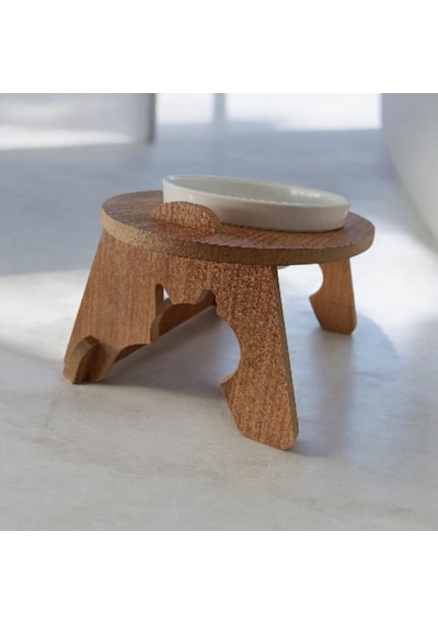 Ahşap Kedi Su & Mama Kabı - Tekli Oval Model - Eğimli - Kırılmaz Melamin Kase - 1 400ml