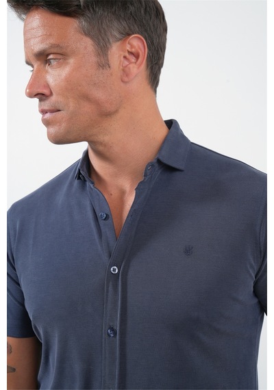 İmza Lacivert İtalyan Yaka Kısa Kol Cepsiz Slim Fit Esnek Gömlek 1004260159