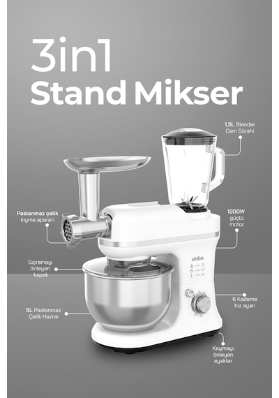 Sinbo SMX-2772 1200 W 3 Ü 1 Arada Stand Mikser Seti