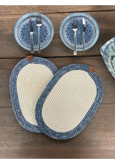 Bohem Tarz 2 Li Doğal İp Amerikan Servis Hasır Görünümlü, Leke Tutmaz, Mavi/beyaz 40x28 Cm Beyaz/mavi