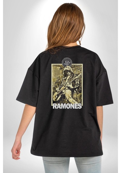 Ramones Rock Kulüp Pamuklu Unisex Oversize Sırt Dijital Baskılı Siyah T-shirt Siyah