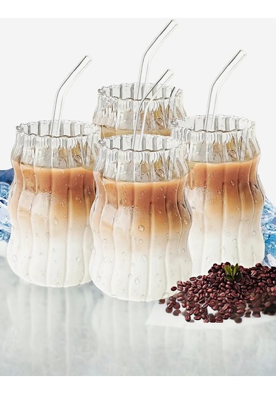 4'lü Sukabağı Latte Cam Pipetli Bardak Seti İskandinav Burgu Tarz Kahve Kokteyl Sunum Bardağı 400ml