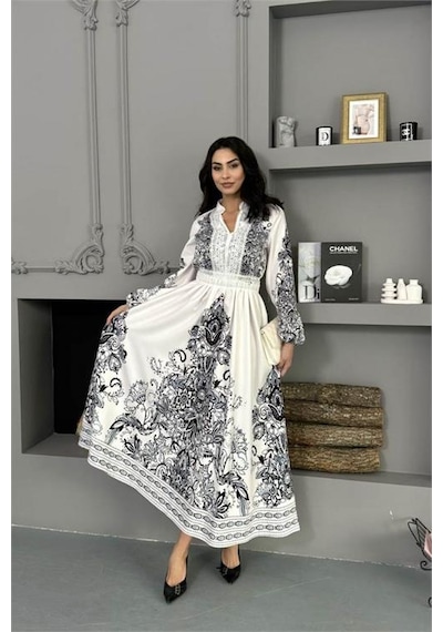 Neşeli Butik Kadın Siyah Güpür Detaylı Atlas Kumaş Desenli İthal Elbise Nbms25109 Siyah
