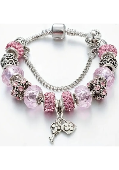 Yeni Tarz ,pembe Crystal Şık Kalp , Aşk Sevgi Charmlı Bileklik, Ahşap Kutu İçerisinde Gümüş Gümüş