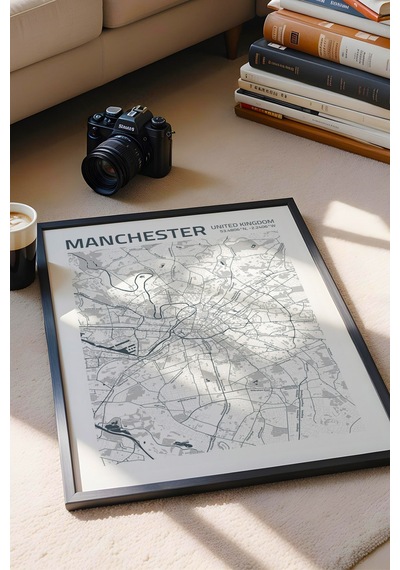 Manchester İngiltere Haritası Çerçeveli Tablo Lüks Salon Ofis Duvar Dekorasyonu Hediyelik Tablo
