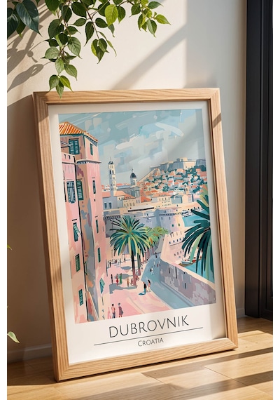 Hırvatistan Dubrovnik Temalı Çerçeveli Tablo Travel Serisi Modern İllüstrasyon Duvar Dekoru Kayın