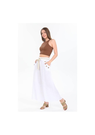 Eren Style İtalyan Korsajlı Düğme Detay Otantik Detay Kemerli Bol Paçalı Keten Pantolon-9888 Beyaz