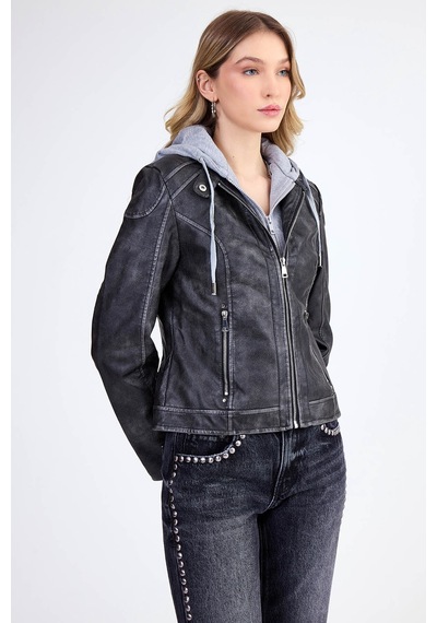 Vitrin Kapüşonlu Suni Deri Crop Biker Ceket Siyah