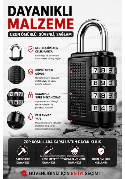 Şifreli Asma Kilit 4 Haneli Kombinasyon Kilidi Anahtarsız Metal Güvenlik Kilidi Dolap Bavul Çanta İç