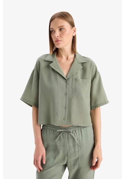 Defacto Loose Fit Ceket Yaka Modal Kısa Kollu Gömlek F0399ax25spgn460 Yeşil