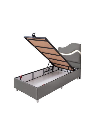 Baza Seti, Merry Ledli Tek Kişilik Baza Başlık Maxi Yatak Seti, Gri - 100x200 Cm 100 x 200