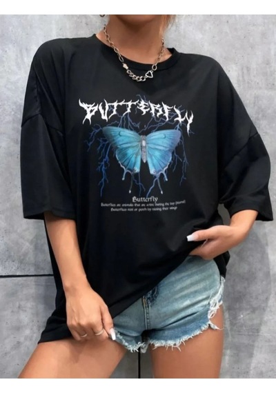 Kadın Kelebek Baskılı Oversize Kısa Kol T-shirt - Siyah Siyah